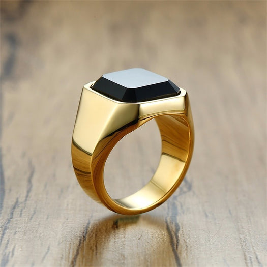 Dignified Black Carnelian Golden Square Signet Wealth Ring - Inner Manifestation